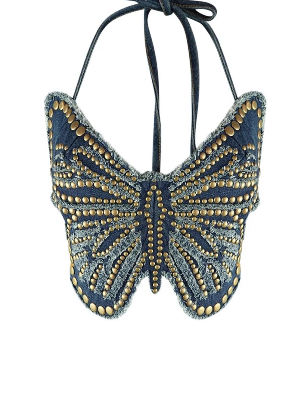 Y2K style edge gold embellished Denim Butterfly Top in Blue